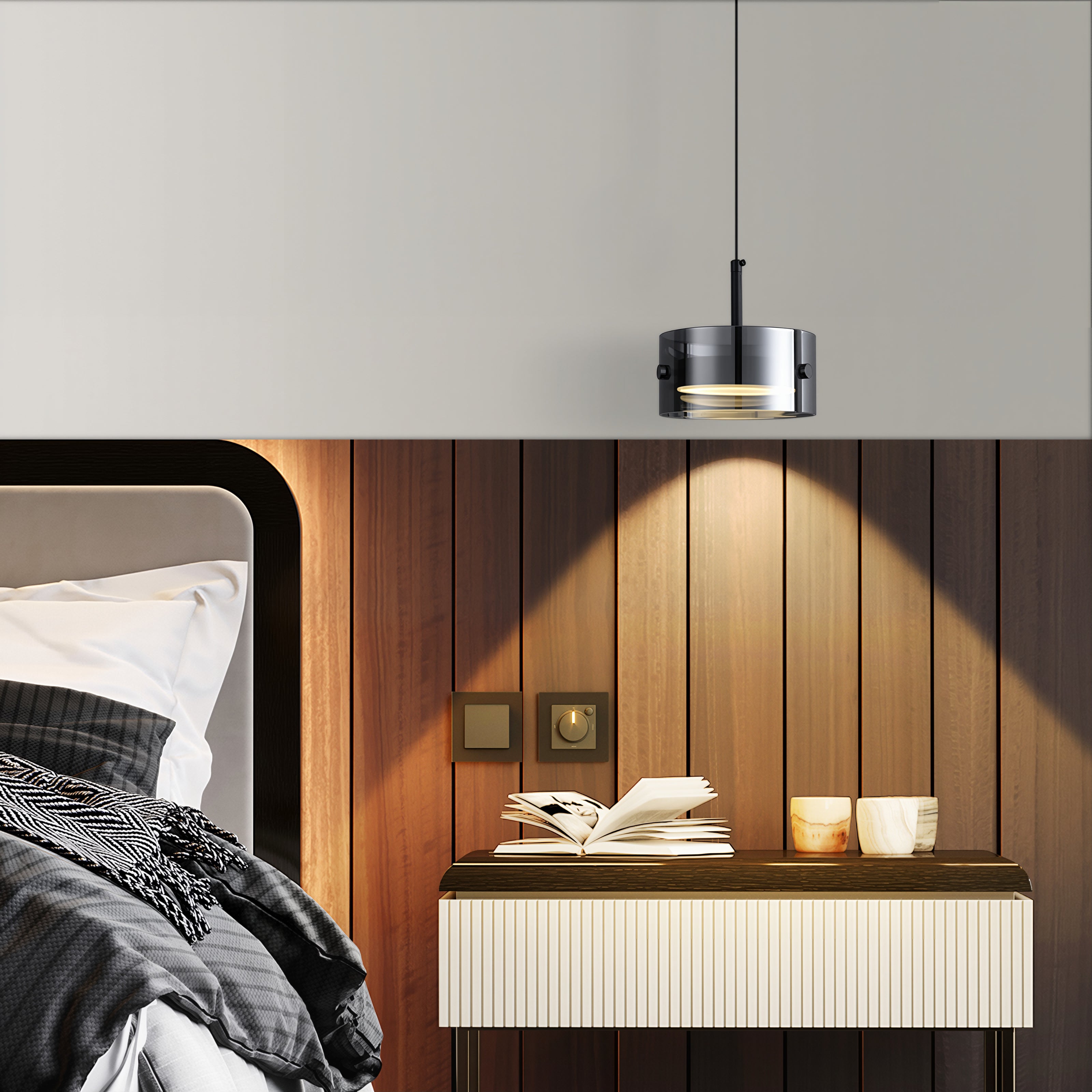 Modern bedroom with wooden nightstand, open book, and decorative items under a pendant light.